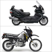 A Burgman 650 Executive and a Kawasaki KLR 650. Click image to expand