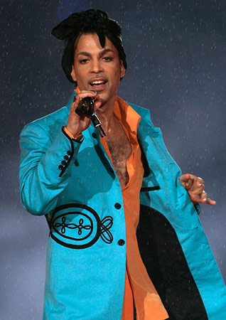 Prince performing at the Super Bowl halftime show.