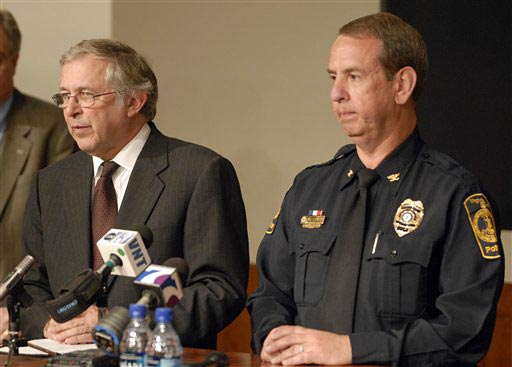 Virginia Tech president Charles Steger, left, and Virginia Tech chief of campus police W.R. Flinchum.