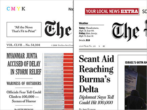 Page One headlines from the New York Times and the Washington Post, May 8, 2008.