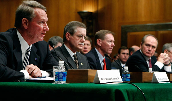 Chairman and CEO of General Motors Richard Wagoner, United Auto Workers President Ron Gettelfinger, President and CEO of Ford Motor Co. Alan Mulally, and Chairman and CEO of Chrysler LLC Robert Nardelli.