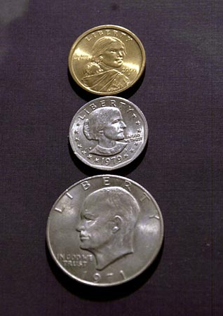 From top: the Sacagawea, the Susan B. Anthony, and the Dwight D. Eisenhower coins.