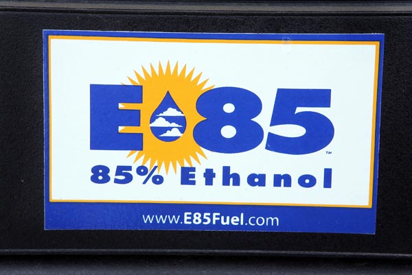 A sticker marks an ethanol pump at a gas station.