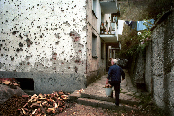 A war-damaged apartment building in Srebrenica, Bosnia.
