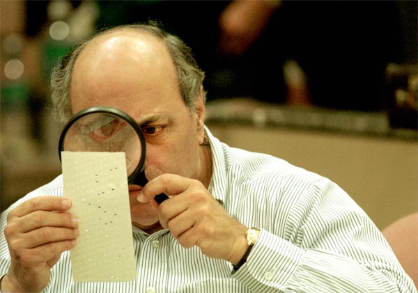 Examining punch-card ballots in Florida in 2000.