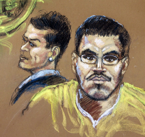 An artist's rendering of Jose Padilla (right) and prosecution attorney Stephanie Pell.