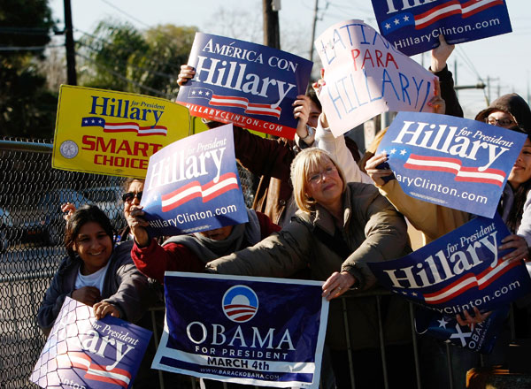 An Obama supporter amid Clinton supporters in Houston.