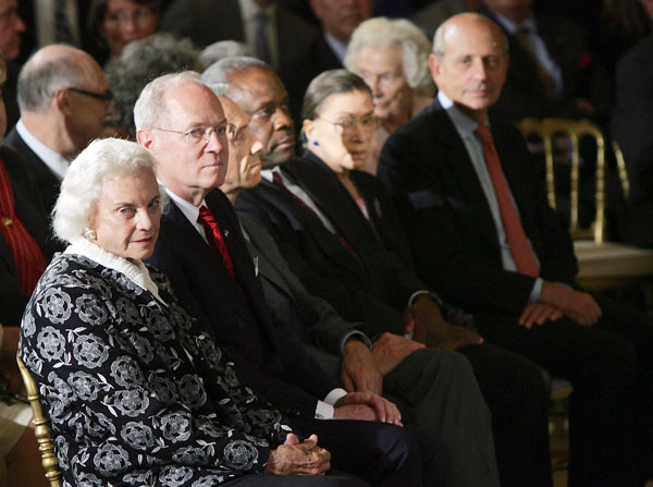 U.S. Supreme Court Justices Sandra Day O'Connor, Anthony Kennedy, David Souter, Clarence Thomas, Ruth Bader Ginsburg, and Stephen Breyer.