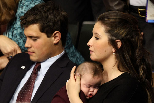Bristol Palin with her infant brother, Trig, and boyfriend, Levi Johnston.