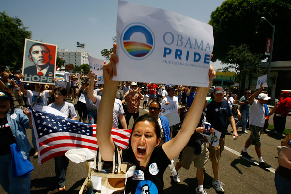 Gay pride demonstrators support Barack Obama in California.