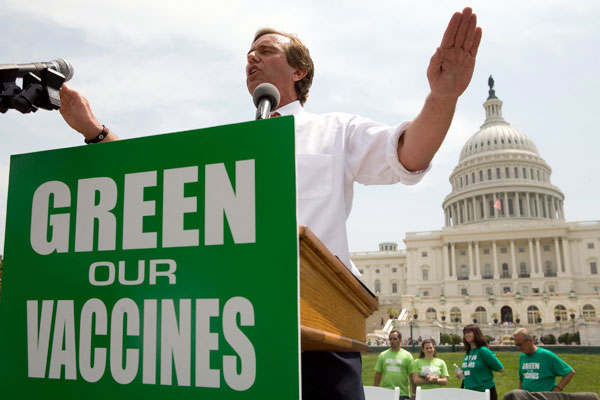 Robert F. Kennedy Jr. speaks at a rally about the alleged connection between heavy metals in vaccines and autism.