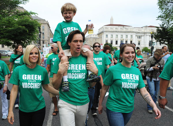 Jenny McCarthy, her son, Evan, carried actor Jim Carrey, and Carrey's daughter, Jane.