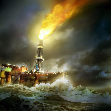 Getty's image of an oil rig in romanticized turmoil.