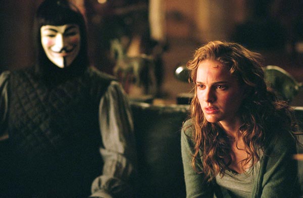 Hugo Weaving as V and Natalie Portman as Evey in V for Vendetta.