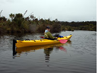Kristin paddles on the Okarito Lagoon. Click image to expand.