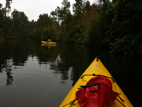 Kayaking up a narrow passage on the Okarito Lagoon.