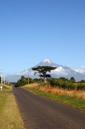 Mount Taranaki from a road near the Surf Highway.