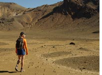 Kristin and her magical orange top do the Tongariro Crossing. Click image to expand.