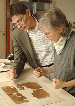 Florence Darbre and Gregor Wurst reassembe fragments of the Gospel of Judas.