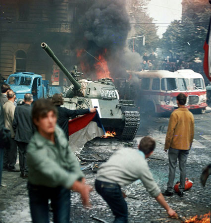 Prague residents protest a Soviet-led invasion in 1968.