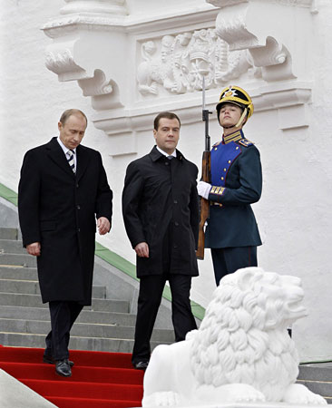 Former Russian President Vladimir Putin and President Dmitry Medvedev.