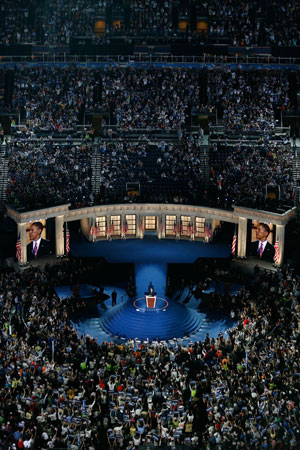 Barack Obama speaks at the Democratic National Convention 2008 at the Invesco Field.