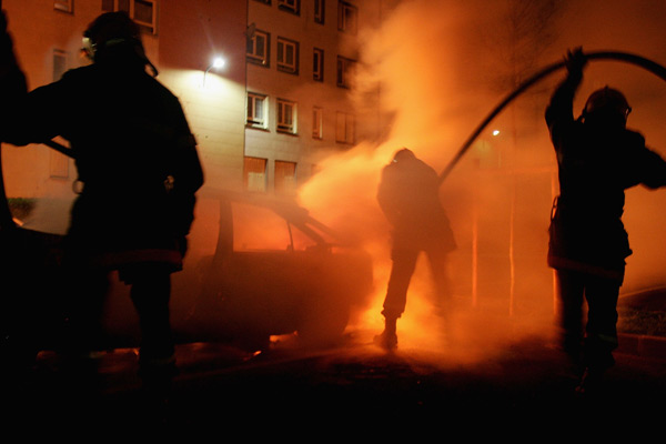 A car fire outside Paris during the riots of 2005.