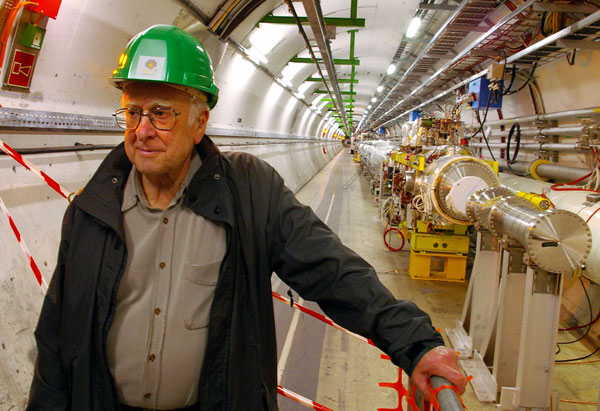 Peter Higgs inside the Large Hadron Collider in Geneva.