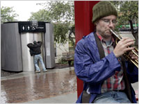 Photograph of a busker by a public toilet by Alan Berner/Seattle Times.