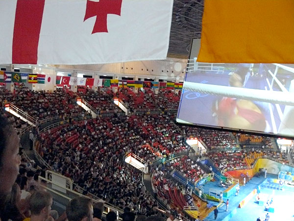 The view from my seat in the boxing arena.