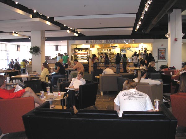 Students studying between classes in the student union.