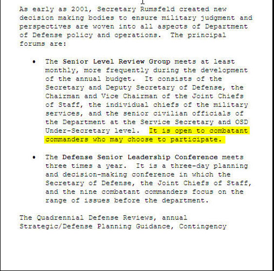 Note the strangely diffident tone. Pointless insider detail: in Pentagon-speak, the Senior Level Review Group is "slurg."