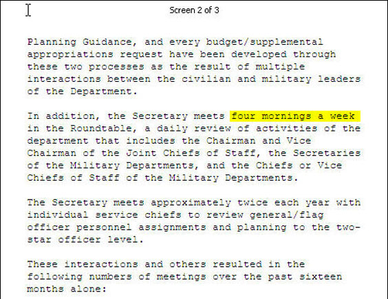 Case in point: Who cares how many "roundtable" meetings Rumsfeld attends? According to Army General Paul D. Eaton, ret., who trained the Iraqi military in 2003 and 2004, Rumsfeld has been "ignoring the advice of seasoned officers." He meets with them, but he doesn't listen to them.