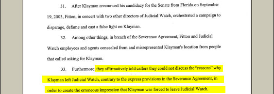 Given Klayman's history of suing people, it just sounds like good sense that Klayman's former colleagues declined to characterize his departure, even to praise him. But Klayman says even silence is "disparagement."