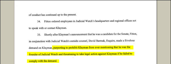 Here Klayman is alleging that Judicial Watch wanted to dissassociate itself from him. But elsewhere in the complaint (p. 12, para. 44) Klayman gripes that they left his name on the stationery.