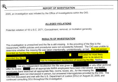 One of the three Bush White House employees was "the last person recorded as having the missing file." Apparently this person passed it on to another Bush White House employee who apparently claims to have returned it to a Reagan library employee whose name is redacted. The Reagan library employee doesn't remember the file being returned to him or her. 