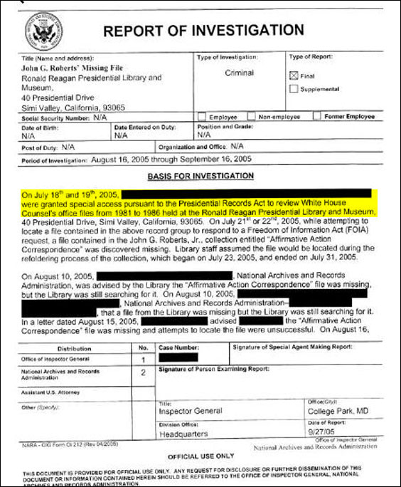 Throughout this document, the names of the Bush administration officials suspected of removing the Roberts file are redacted. According to the inspector general's semi-annual report to Congress (Sept. 2005), they were "a White House employee and two assistants." In all likelihood all three worked for the White House counsel's office.