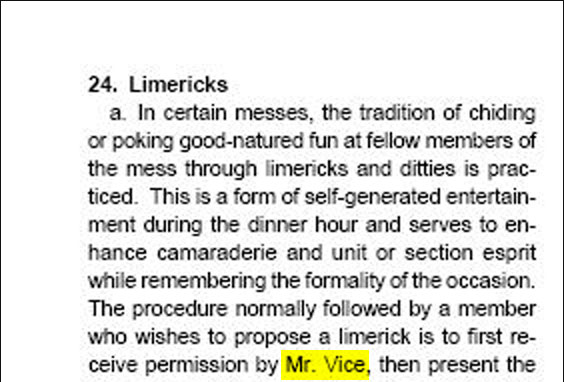 Master(or mistress)  of ceremonies. "Mr Vice...should be junior in rank and selected for his or her wit and ability to speak." From page two of the handbook.