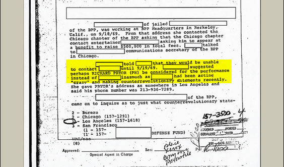 Pryor apparently wasn't the Panthers' first choice to perform at the Chicago benefit. The memo seems to suggest that the first choice (name witheld) was rejected for not toeing the Panther line.