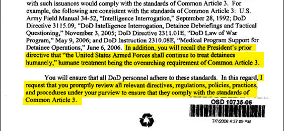 The Bush administration's definition of "humanely" is impossible to pin down. Note that the review of existing directives, practices, etc. is to be done "promptly" rather than "thoroughly." A better word might be "peremptorily."