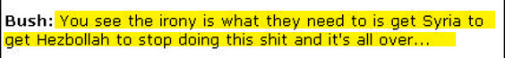 Not clear what "irony" Bush is referring to. Bush is expressing frustration that the United Nations won't simply pressure Syria to reign in Hezbollah.