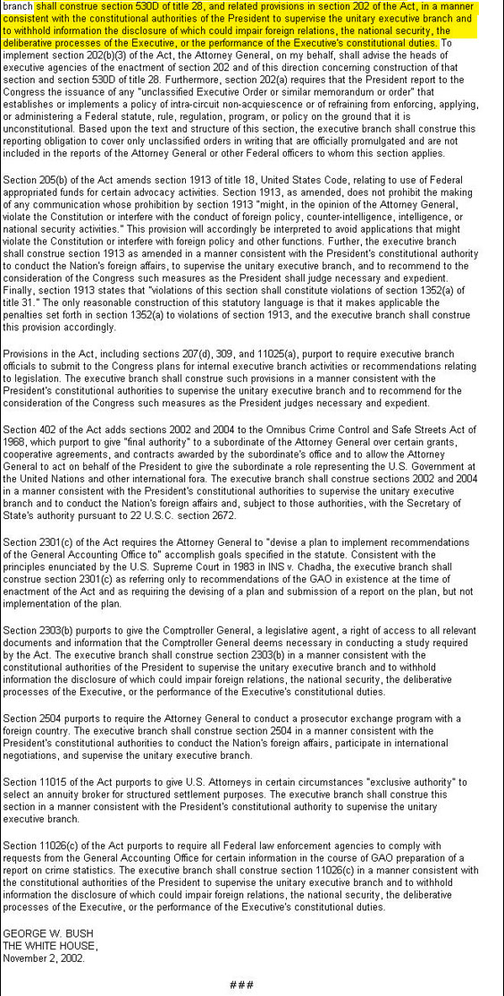 This language has become standard Bushie boilerplate in signing statements. The phrase "unitary executive" alludes to a cultish legal theory granting the president power over Congress and the courts. Elizabeth Drew points out in the June 22 New York Review of Books that unitary theory defies Marbury v. Madison, the Supreme Court case that established judicial review in 1803. So long, 203 years of jurisprudence, it's been good to know ya!