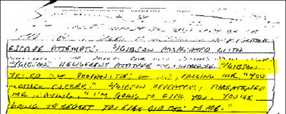 "S/Gibson tried out profanities on me, calling me, 'You motherfucker.' S/Gibson repeatedly threatened me, saying, 'I'm going to fuck you. You're going to regret you ever did this to me.' "