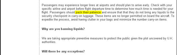 I puzzled over this for a long while before concluding that this is just an unusually awkward attempt at flowery language. "Pack your patience" is an attempted metaphor for "be very patient." But it's confusing, because "pack" connotes "put away." In fact, TSA wants its passengers to UNpack their patience and carry it with them through security, where they'll most need it. But the whole formulation is ill-conceived. Mysteriously, it still  survives in the redesigned Web site.