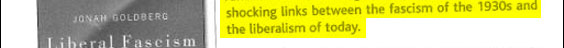 By describing these purported links as "shocking," the ad copy undermines any claim that Goldberg's argument is tongue in cheek.  From here on, Doubleday's description of the book is deadly serious.