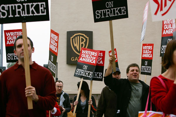 Writers on a picket line outside Warner Bros. Studios.