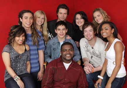 American Idol's top 10, clockwise from left: Ramiele Malubay, Jason Castro, Brooke White, Michael Johns, Carly Smithson, Kristy Lee Cook, Syesha Mercado, David Cook, Chickezie, and David Archuleta (center).