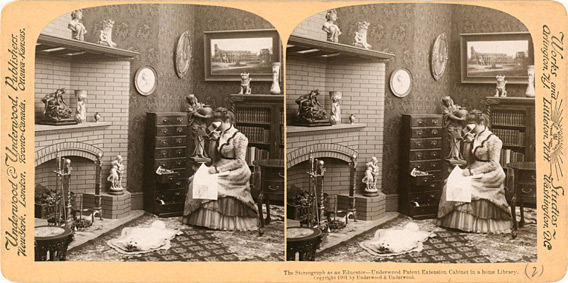 Cabinets full of stereographs, like those in this stereographic advertisement from around 1901, were once commonplace. Image courtesy of Library of Congress, Prints & Photographs Division. Cabinets full of stereographs, like those in this stereographic advertisement from around 1901, were once commonplace. Image courtesy of Library of Congress, Prints & Photographs Division.