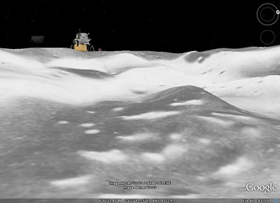 The Apollo 11 lunar lander viewed from a nearby crater. The Apollo 11 lunar lander viewed from a nearby crater.