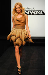 Alison Gingerich models designer Amy Sarabi’s garment from Project Runway courtesy Lifetime Television.